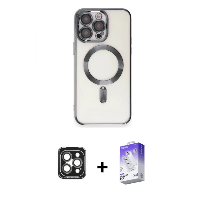 ieg™ iPhone 15 Pro Max Kılıf Nova Işık Özel Seri - Siyah Bilvis 5in1 3D Magic Cam Ekran Koruyucu + PVD Metal Kamera Lens - GI