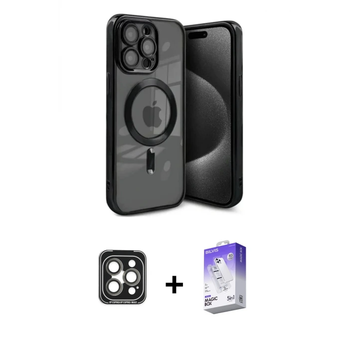 ieg™ iPhone 15 Pro Max Kılıf Nova Işık Özel Seri - Siyah Bilvis 5in1 3D Magic Cam Ekran Koruyucu + PVD Metal Kamera Lens - GI