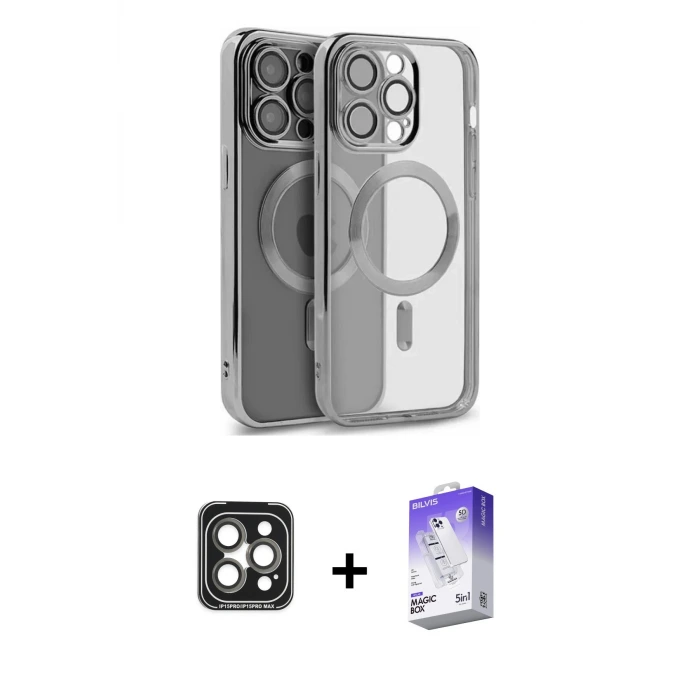 ieg™ iPhone 15 Pro Max Kılıf Nova Işık Özel Seri - Siyah Bilvis 5in1 3D Magic Cam Ekran Koruyucu + PVD Metal Kamera Lens - GI