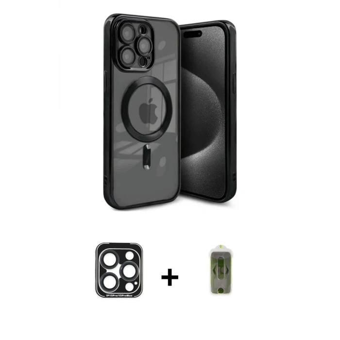 ieg™ iPhone 15 Pro Max Kılıf Nova Işık Özel Seri - Siyah Joko Magic 5D Hayalet Cam + PVD Metal Kamera Lens - LT