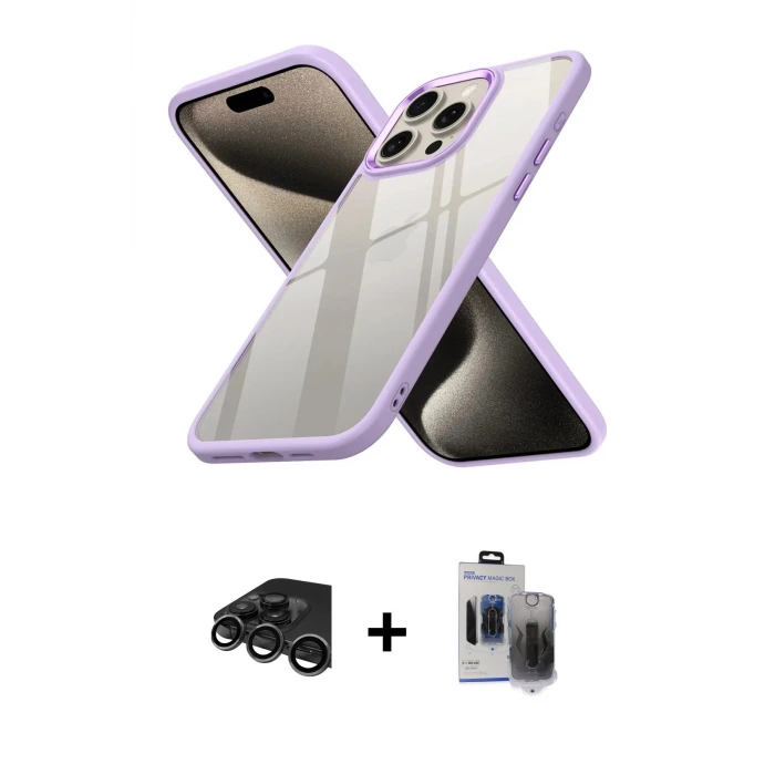 ieg™ iPhone 15 Pro Max Kılıf Nova Işık Serisi - Siyah Vanessa Magic Hayalet Cam + Raze Metal Kamera Lens - TMGI