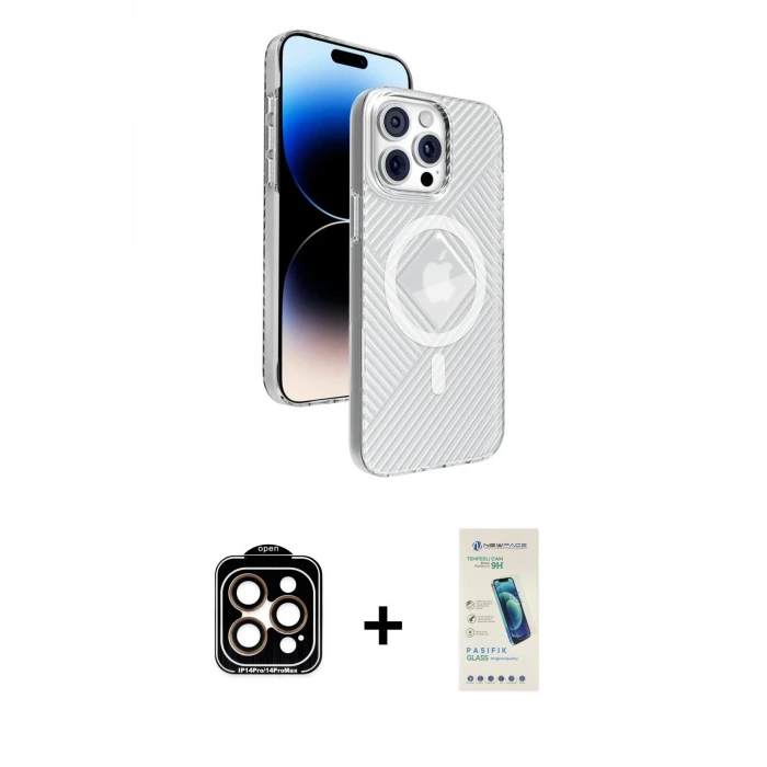 ieg™ iPhone 15 Pro Max Kılıf Nova Modern Prime - Şeffaf Pasifik Cam Ekran Koruyucu + PVD Metal Kamera Lens - TU