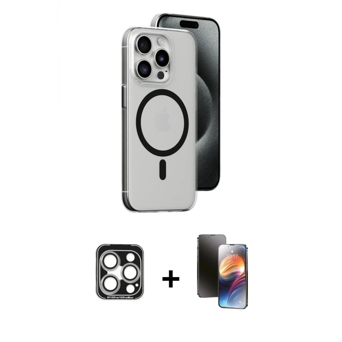 ieg™ iPhone 15 Pro Max Kılıf Odak Form Özel Seri - Siyah 3D Antistatik Mat Seramik Nano Ekran Koruyucu + PVD Metal Kamera Lens - GS