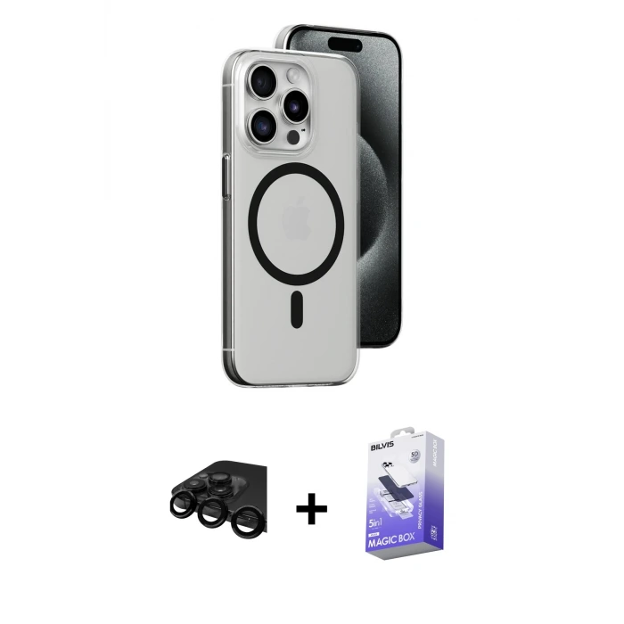 ieg™ iPhone 15 Pro Max Kılıf Odak Form Özel Seri - Siyah Bilvis 5in1 5D Magic Hayalet Cam Ekran Koruyucu + Raze Metal Kamera Lens - SH