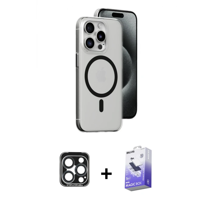 ieg™ iPhone 15 Pro Max Kılıf Odak Form Özel Seri - Siyah Bilvis 5in1 5D Magic Hayalet Cam Ekran Koruyucu + PVD Metal Kamera Lens - LT