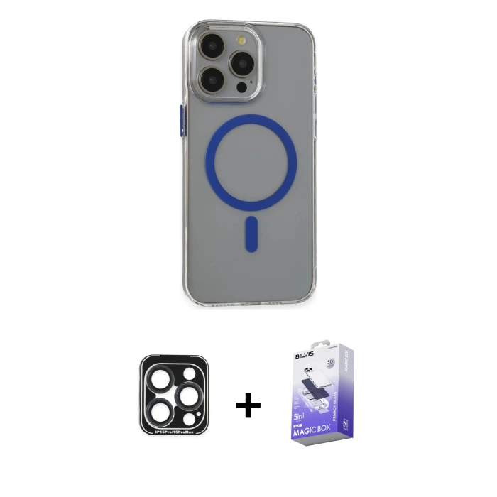 ieg™ iPhone 15 Pro Max Kılıf Odak Form Özel Seri - Siyah Bilvis 5in1 5D Magic Hayalet Cam Ekran Koruyucu + PVD Metal Kamera Lens - LT
