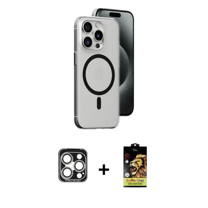 ieg™ iPhone 15 Pro Max Kılıf Odak Form Özel Seri - Siyah Buffer Cam Ekran Koruyucu + PVD Metal Kamera Lens - GS