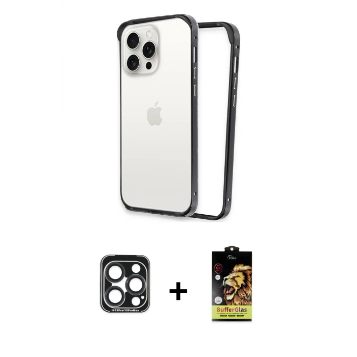ieg™ iPhone 15 Pro Max Kılıf Pusula Asil Koleksiyonu - Siyah Buffer Cam Ekran Koruyucu + PVD Metal Kamera Lens - LT