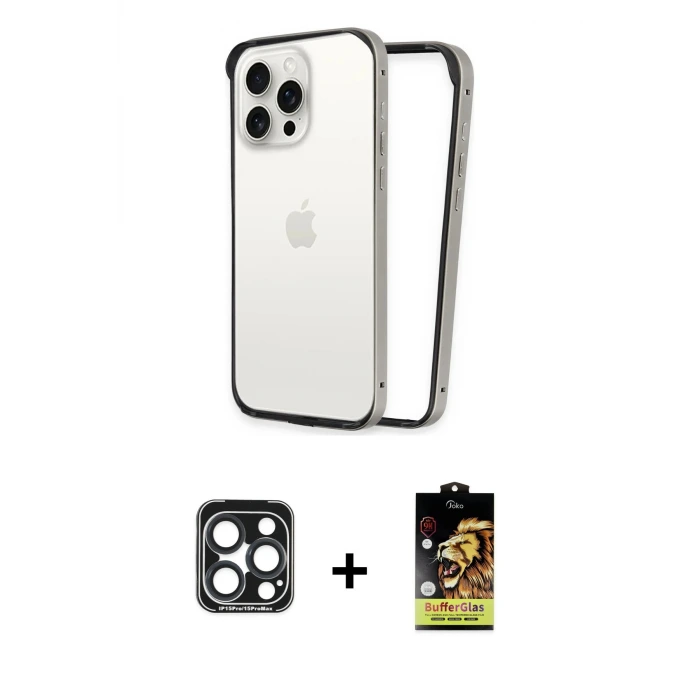 ieg™ iPhone 15 Pro Max Kılıf Pusula Asil Koleksiyonu - Siyah Buffer Cam Ekran Koruyucu + PVD Metal Kamera Lens - LT
