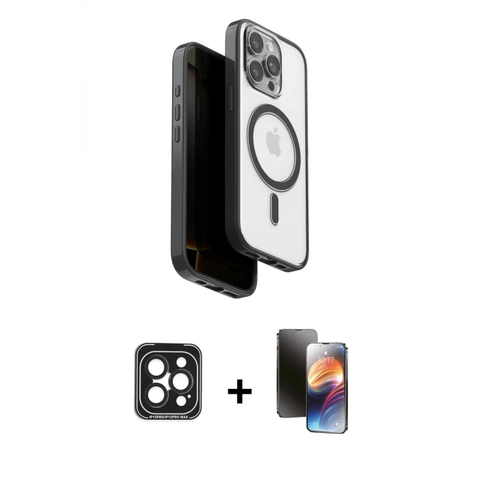 ieg™ iPhone 15 Pro Max Kılıf Pusula Form Serisi - Siyah 3D Antistatik Mat Seramik Nano Ekran Koruyucu + PVD Metal Kamera Lens - SH