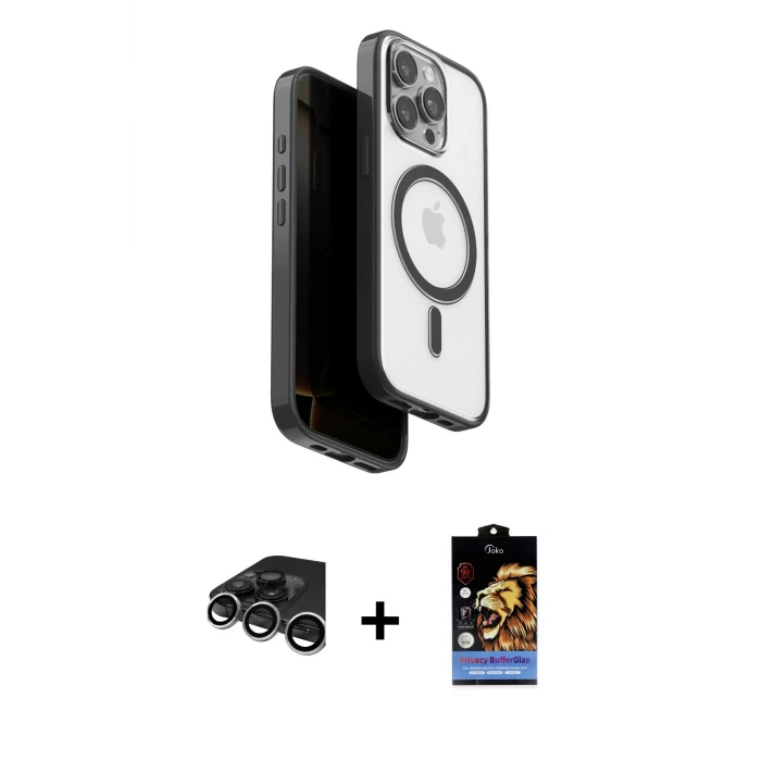 ieg™ iPhone 15 Pro Max Kılıf Pusula Form Serisi - Siyah Buffer Hayalet Cam Ekran Koruyucu + Raze Metal Kamera Lens - GS