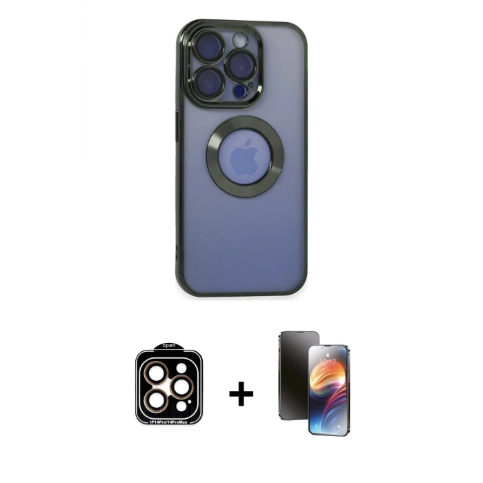 ieg™ iPhone 15 Pro Max Kılıf Pusula Form - Siyah 3D Antistatik Mat Seramik Nano Ekran Koruyucu + PVD Metal Kamera Lens - TU