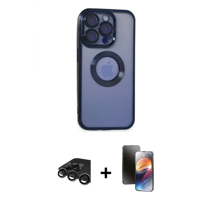 ieg™ iPhone 15 Pro Max Kılıf Pusula Form - Siyah 3D Antistatik Mat Seramik Nano Ekran Koruyucu + Raze Metal Kamera Lens - TMGI