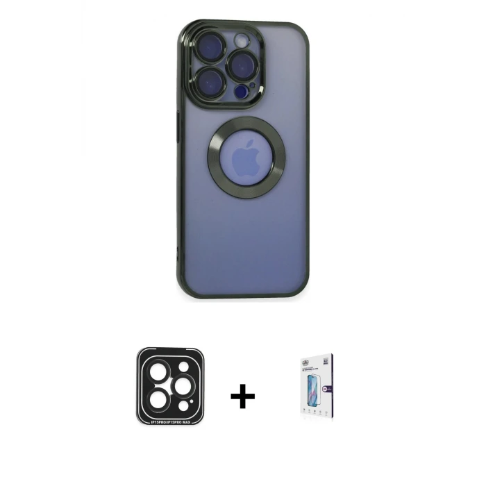 ieg™ iPhone 15 Pro Max Kılıf Pusula Form - Siyah Bilvis 0.18mm Plus Cam Ekran Koruyucu + PVD Metal Kamera Lens - SH