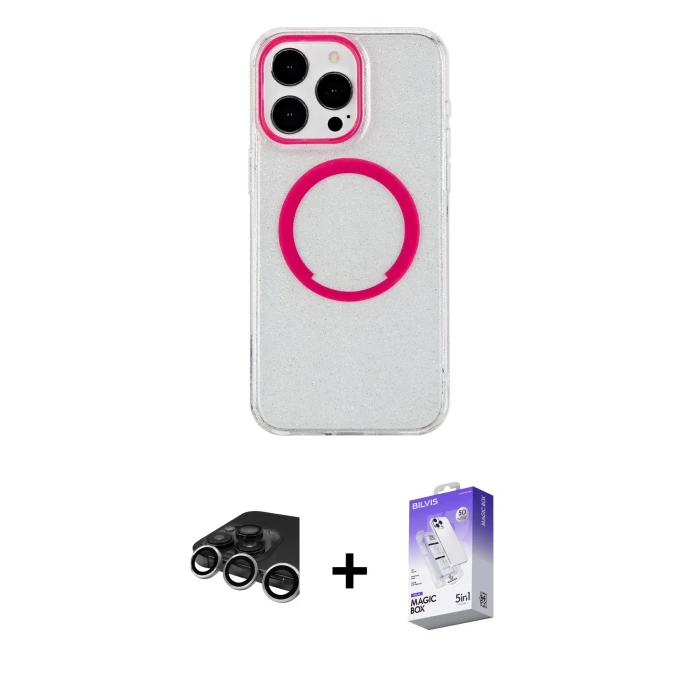 ieg™ iPhone 15 Pro Max Kılıf Pusula Form - Siyah Bilvis 5in1 3D Magic Cam Ekran Koruyucu + Raze Metal Kamera Lens - GS