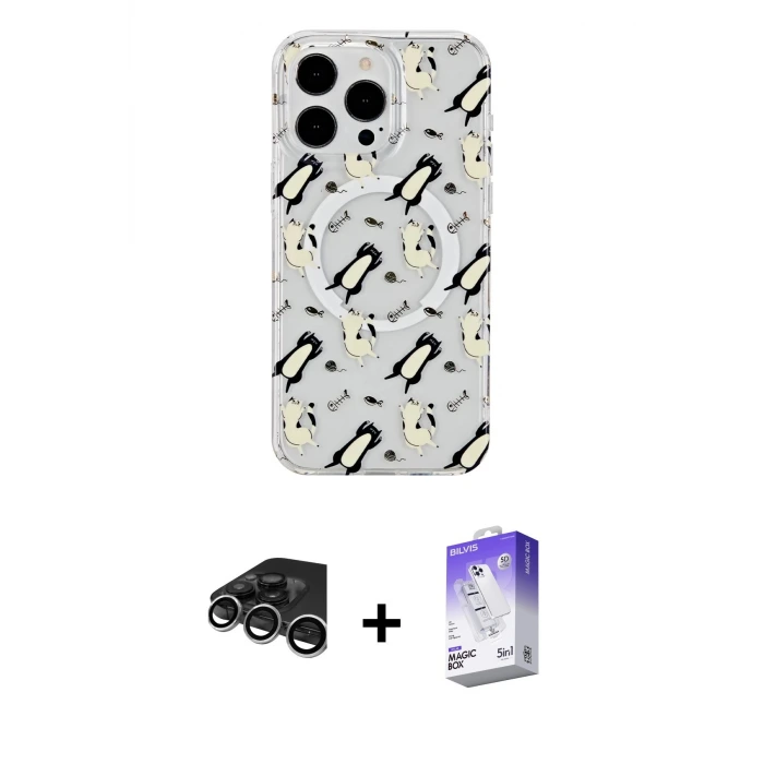 ieg™ iPhone 15 Pro Max Kılıf Pusula Form - Siyah Bilvis 5in1 3D Magic Cam Ekran Koruyucu + Raze Metal Kamera Lens - GS
