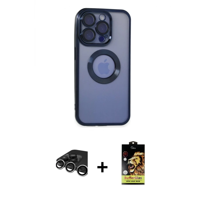 ieg™ iPhone 15 Pro Max Kılıf Pusula Form - Siyah Buffer Cam Ekran Koruyucu + Raze Metal Kamera Lens - GS