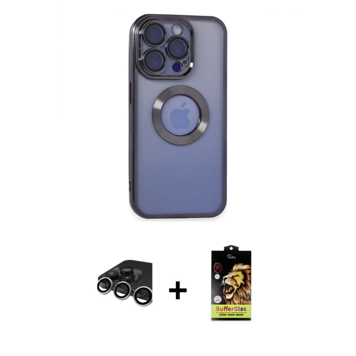 ieg™ iPhone 15 Pro Max Kılıf Pusula Form - Siyah Buffer Cam Ekran Koruyucu + Raze Metal Kamera Lens - GS