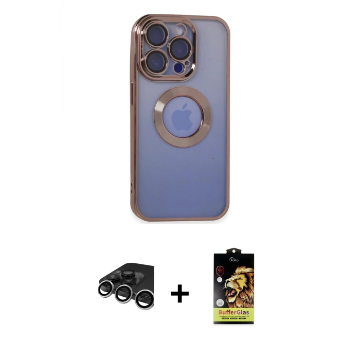 ieg™ iPhone 15 Pro Max Kılıf Pusula Form - Siyah Buffer Cam Ekran Koruyucu + Raze Metal Kamera Lens - GS