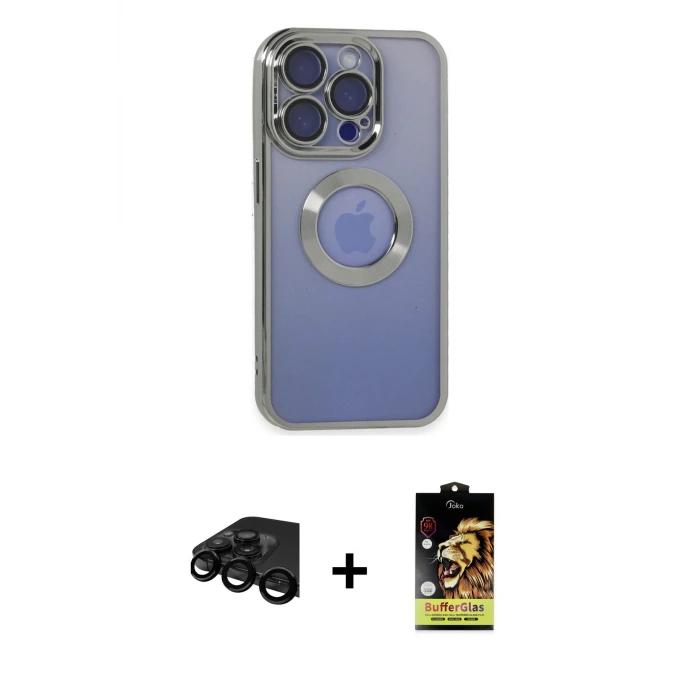 ieg™ iPhone 15 Pro Max Kılıf Pusula Form - Siyah Buffer Cam Ekran Koruyucu + Raze Metal Kamera Lens - SH