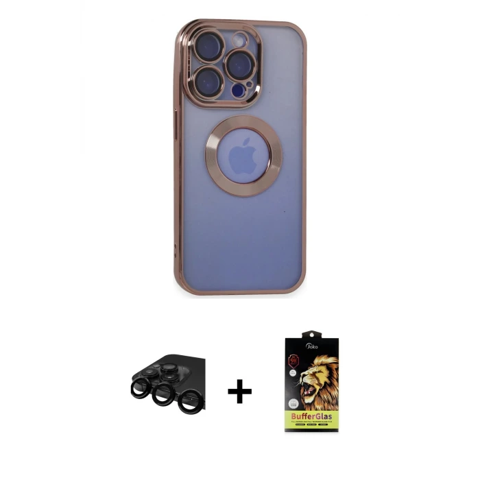 ieg™ iPhone 15 Pro Max Kılıf Pusula Form - Siyah Buffer Cam Ekran Koruyucu + Raze Metal Kamera Lens - SH