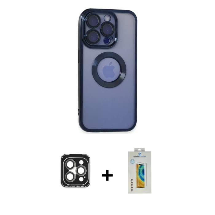 ieg™ iPhone 15 Pro Max Kılıf Pusula Form - Siyah Polymer Nano Ekran Koruyucu + PVD Metal Kamera Lens - GI