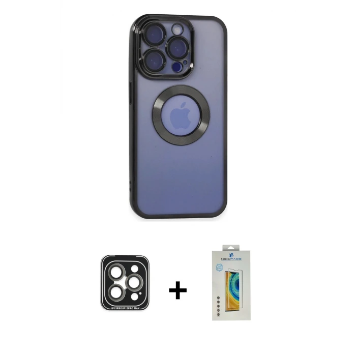 ieg™ iPhone 15 Pro Max Kılıf Pusula Form - Siyah Polymer Nano Ekran Koruyucu + PVD Metal Kamera Lens - GI