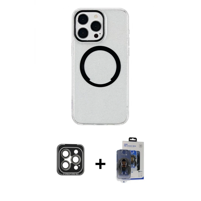 ieg™ iPhone 15 Pro Max Kılıf Pusula Form - Siyah Vanessa Magic Cam + PVD Metal Kamera Lens - GI