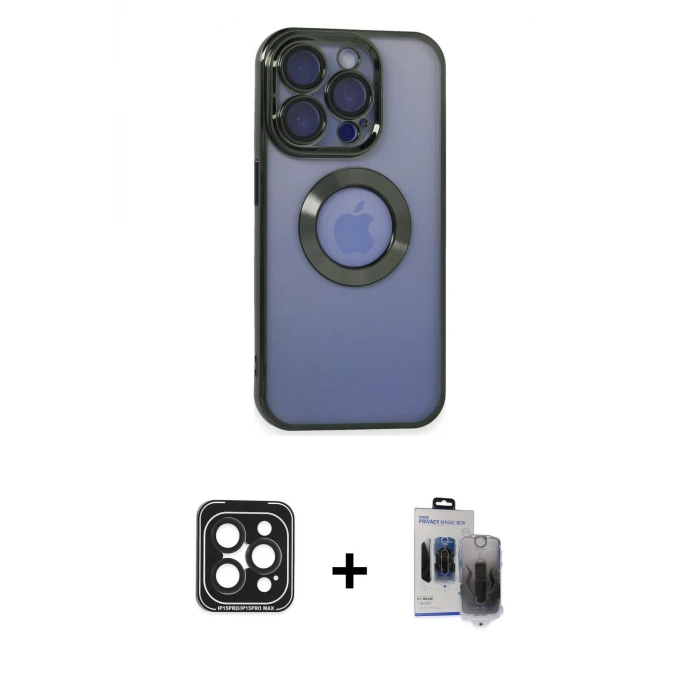 ieg™ iPhone 15 Pro Max Kılıf Pusula Form - Siyah Vanessa Magic Hayalet Cam + PVD Metal Kamera Lens - SH