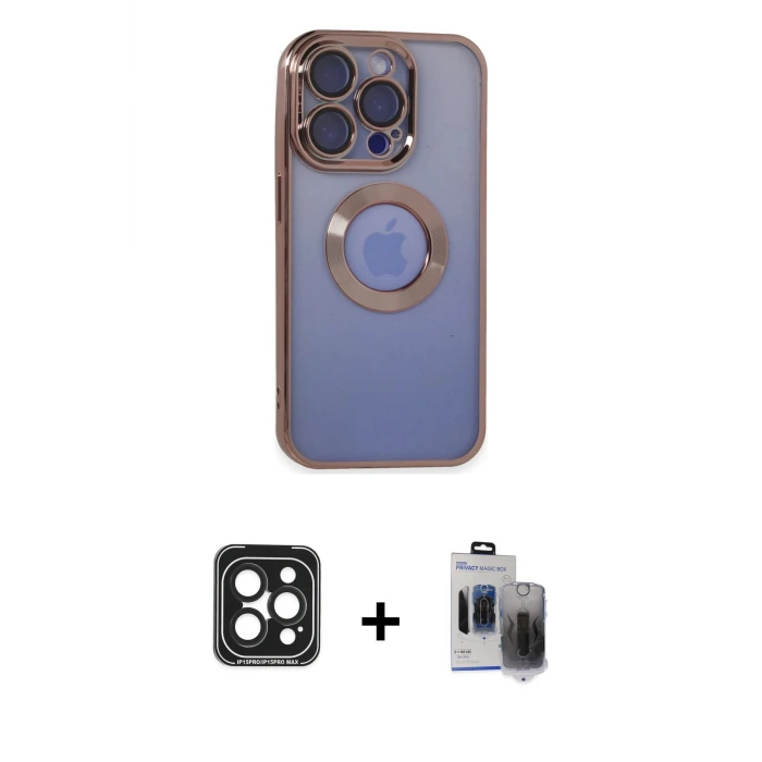 ieg™ iPhone 15 Pro Max Kılıf Pusula Form - Siyah Vanessa Magic Hayalet Cam + PVD Metal Kamera Lens - SH