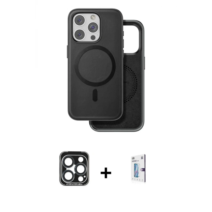 ieg™ iPhone 15 Pro Max Kılıf Pusula Işık Koleksiyonu - Siyah Bilvis 0.18mm Plus Cam Ekran Koruyucu + PVD Metal Kamera Lens - LT