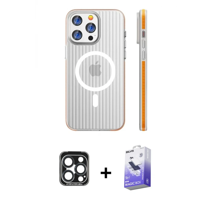 ieg™ iPhone 15 Pro Max Kılıf Pusula Minimal Koleksiyonu - Siyah Bilvis 5in1 5D Magic Hayalet Cam Ekran Koruyucu + PVD Metal Kamera Lens - LT