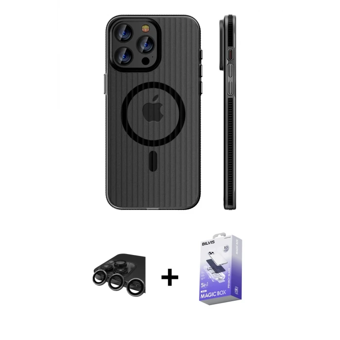ieg™ iPhone 15 Pro Max Kılıf Pusula Minimal Koleksiyonu - Siyah Bilvis 5in1 5D Magic Hayalet Cam Ekran Koruyucu + Raze Metal Kamera Lens - TMGI
