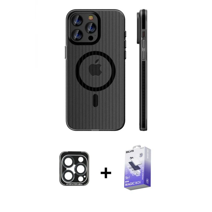 ieg™ iPhone 15 Pro Max Kılıf Pusula Minimal Koleksiyonu - Siyah Bilvis 5in1 5D Magic Hayalet Cam Ekran Koruyucu + PVD Metal Kamera Lens - LT