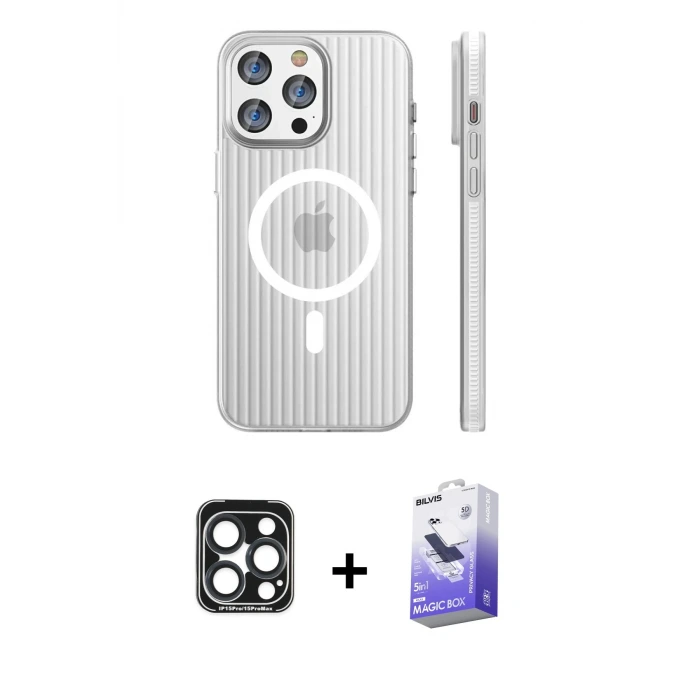 ieg™ iPhone 15 Pro Max Kılıf Pusula Minimal Koleksiyonu - Siyah Bilvis 5in1 5D Magic Hayalet Cam Ekran Koruyucu + PVD Metal Kamera Lens - LT