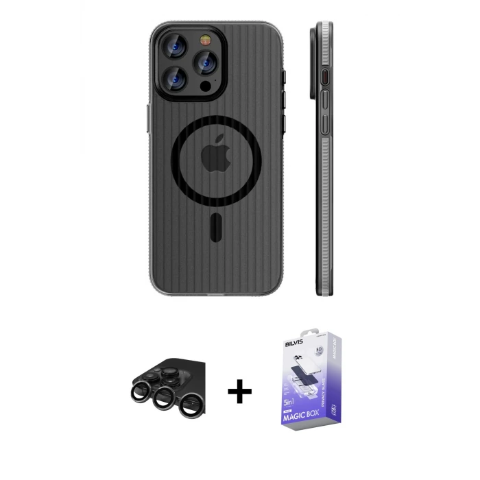 ieg™ iPhone 15 Pro Max Kılıf Pusula Minimal Koleksiyonu - Siyah Bilvis 5in1 5D Magic Hayalet Cam Ekran Koruyucu + Raze Metal Kamera Lens - TMGI