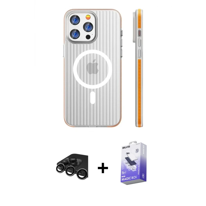 ieg™ iPhone 15 Pro Max Kılıf Pusula Minimal Koleksiyonu - Siyah Bilvis 5in1 5D Magic Hayalet Cam Ekran Koruyucu + Raze Metal Kamera Lens - TMGI