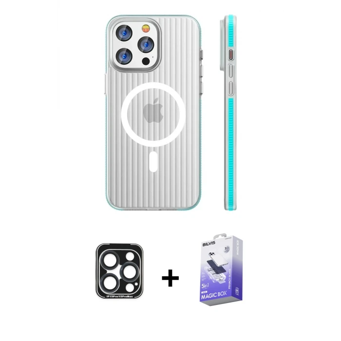 ieg™ iPhone 15 Pro Max Kılıf Pusula Minimal Koleksiyonu - Siyah Bilvis 5in1 5D Magic Hayalet Cam Ekran Koruyucu + PVD Metal Kamera Lens - LT