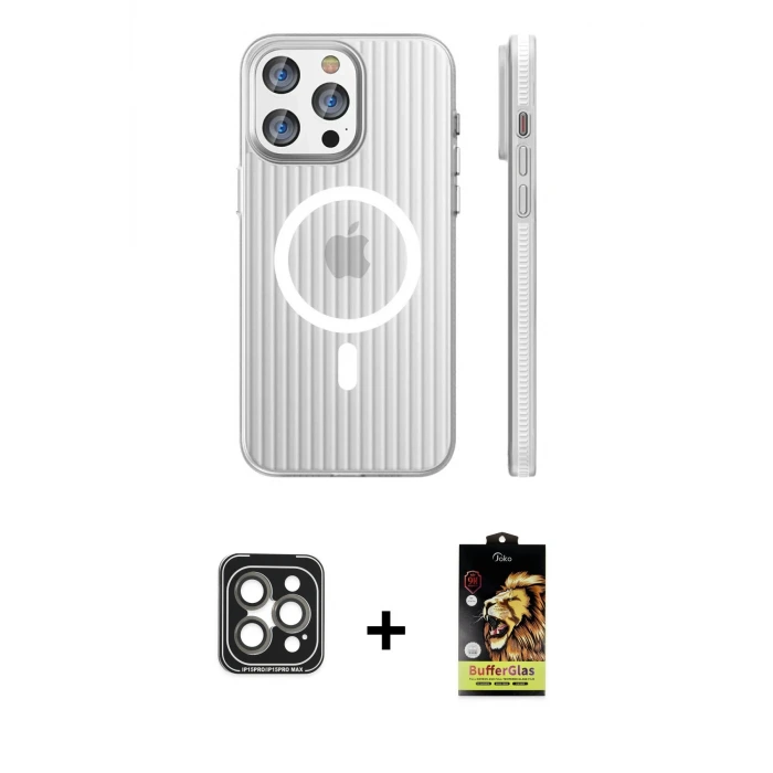 ieg™ iPhone 15 Pro Max Kılıf Pusula Minimal Koleksiyonu - Siyah Buffer Cam Ekran Koruyucu + PVD Metal Kamera Lens - GI