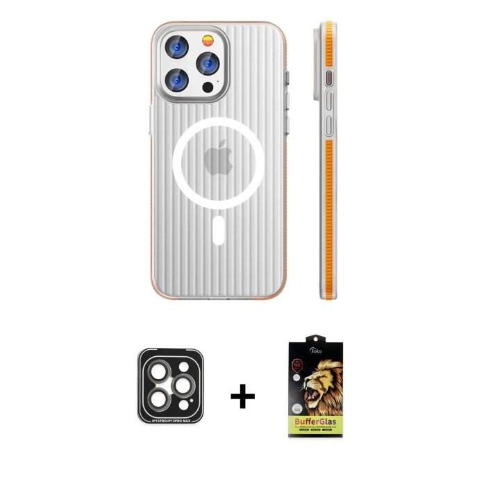 ieg™ iPhone 15 Pro Max Kılıf Pusula Minimal Koleksiyonu - Siyah Buffer Cam Ekran Koruyucu + PVD Metal Kamera Lens - GI
