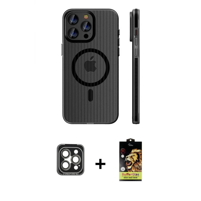 ieg™ iPhone 15 Pro Max Kılıf Pusula Minimal Koleksiyonu - Siyah Buffer Cam Ekran Koruyucu + PVD Metal Kamera Lens - GI