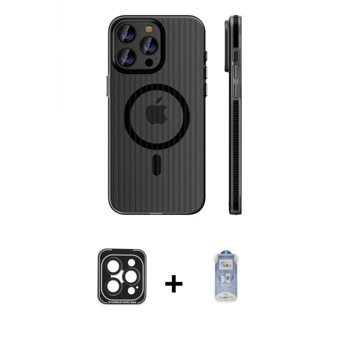 ieg™ iPhone 15 Pro Max Kılıf Pusula Minimal Koleksiyonu - Siyah Joko Magic 5D Cam + PVD Metal Kamera Lens - SH