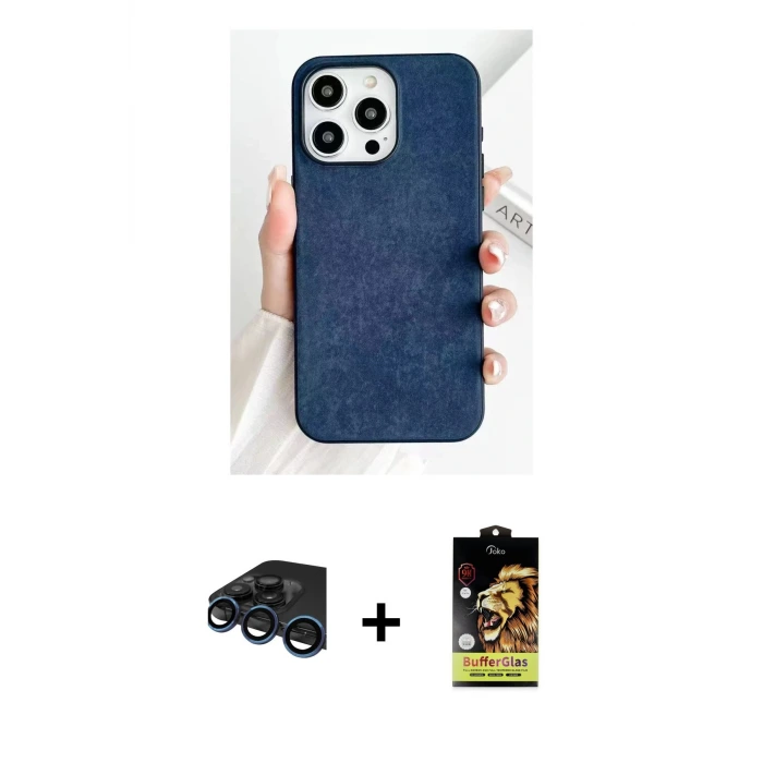 ieg™ iPhone 15 Pro Max Kılıf Pusula Modern - Siyah Buffer Cam Ekran Koruyucu + Raze Metal Kamera Lens - LT