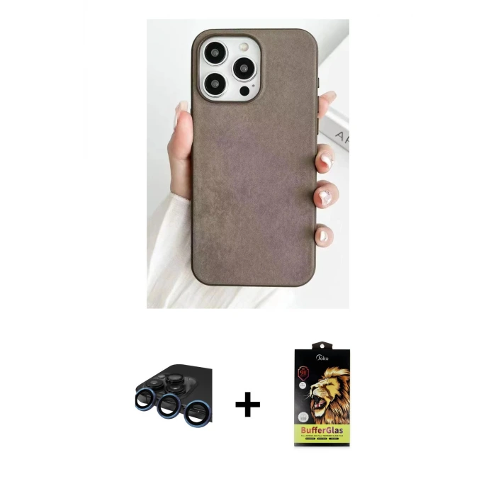 ieg™ iPhone 15 Pro Max Kılıf Pusula Modern - Siyah Buffer Cam Ekran Koruyucu + Raze Metal Kamera Lens - LT
