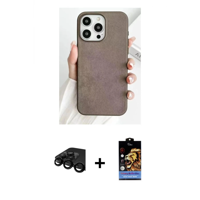 ieg™ iPhone 15 Pro Max Kılıf Pusula Modern - Siyah Buffer Hayalet Cam Ekran Koruyucu + Raze Metal Kamera Lens - SH