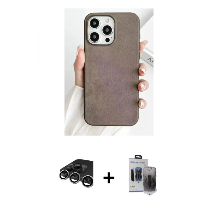 ieg™ iPhone 15 Pro Max Kılıf Pusula Modern - Siyah Vanessa Magic Hayalet Cam + Raze Metal Kamera Lens - GS