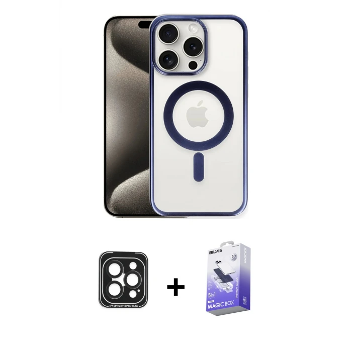 ieg™ iPhone 15 Pro Max Kılıf Siluet Çizgi Serisi - Siyah Bilvis 5in1 5D Magic Hayalet Cam Ekran Koruyucu + PVD Metal Kamera Lens - SH