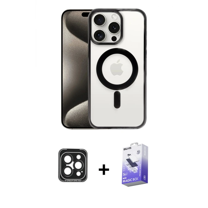 ieg™ iPhone 15 Pro Max Kılıf Siluet Çizgi Serisi - Siyah Bilvis 5in1 5D Magic Hayalet Cam Ekran Koruyucu + PVD Metal Kamera Lens - SH