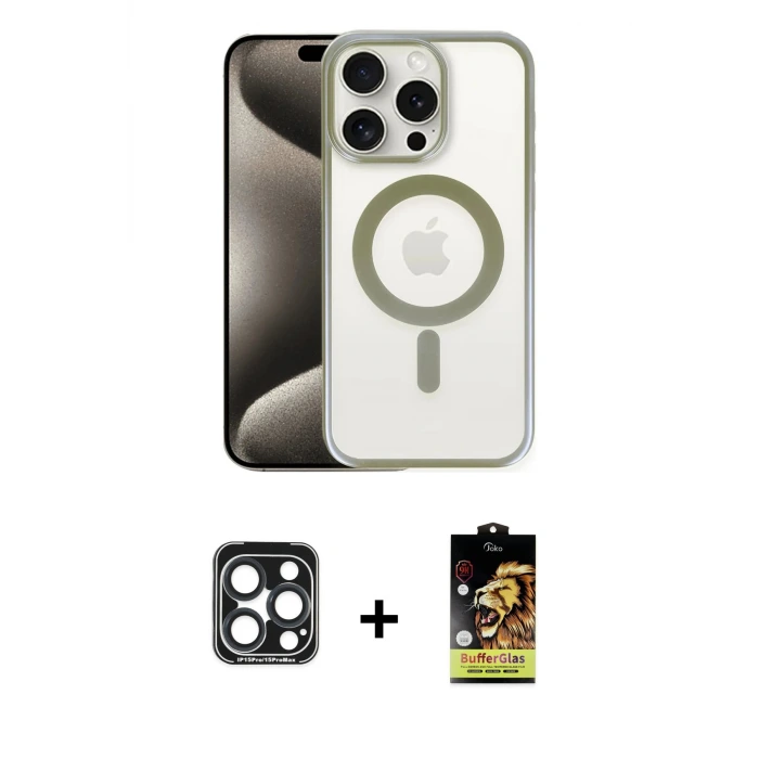 ieg™ iPhone 15 Pro Max Kılıf Siluet Çizgi Serisi - Siyah Buffer Cam Ekran Koruyucu + PVD Metal Kamera Lens - LT