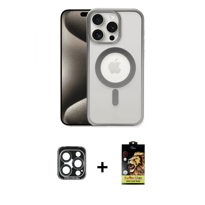 ieg™ iPhone 15 Pro Max Kılıf Siluet Çizgi Serisi - Siyah Buffer Cam Ekran Koruyucu + PVD Metal Kamera Lens - LT